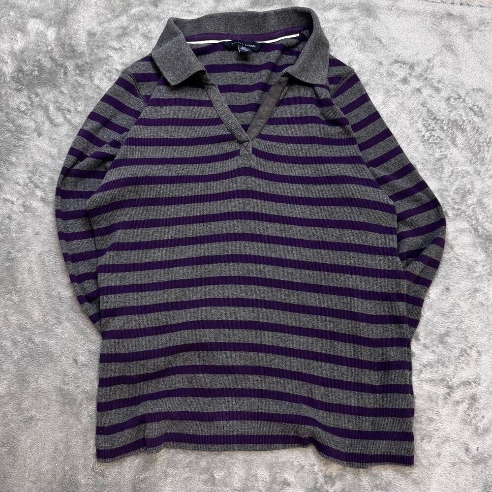 Tommy Hilfiger Striped Polo Shirt Purple Gray Preppy Y2K Long Sleeve Women’s L